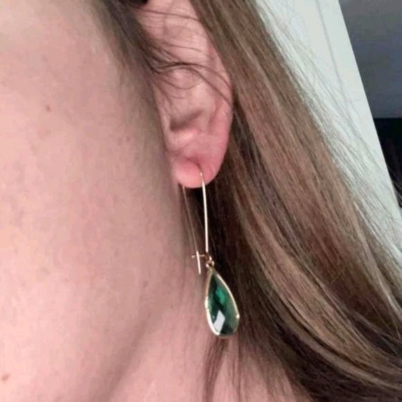 Gold dangle green glass earrings dainty boho drop hoop statement cute 💖2/$30 - Picture 9 of 10